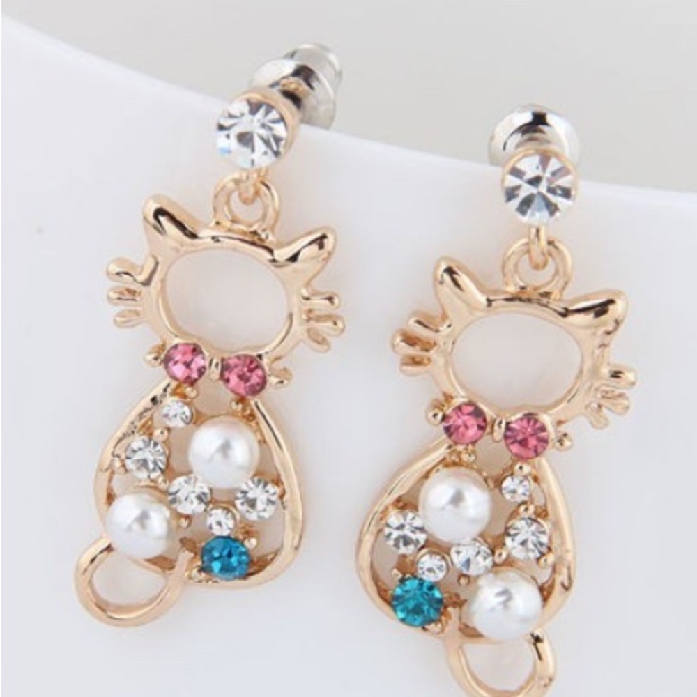 Gold Cat Earrings with Pink and Blue Accents